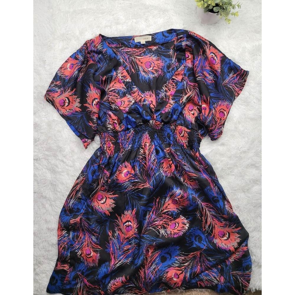 [275]Faith 21 Plus Sz 3X Black Blue Pink Feather Pattern Waist Fit Short Dress